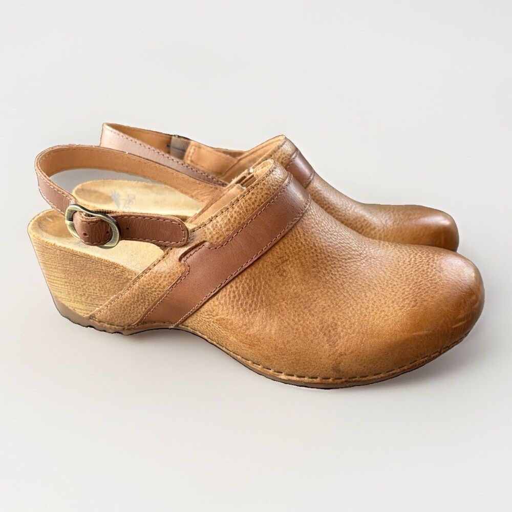 Dansko Tammy Tan Leather Slingback Clogs Womens Size 39 US 8.5-9 Comfort Wedge